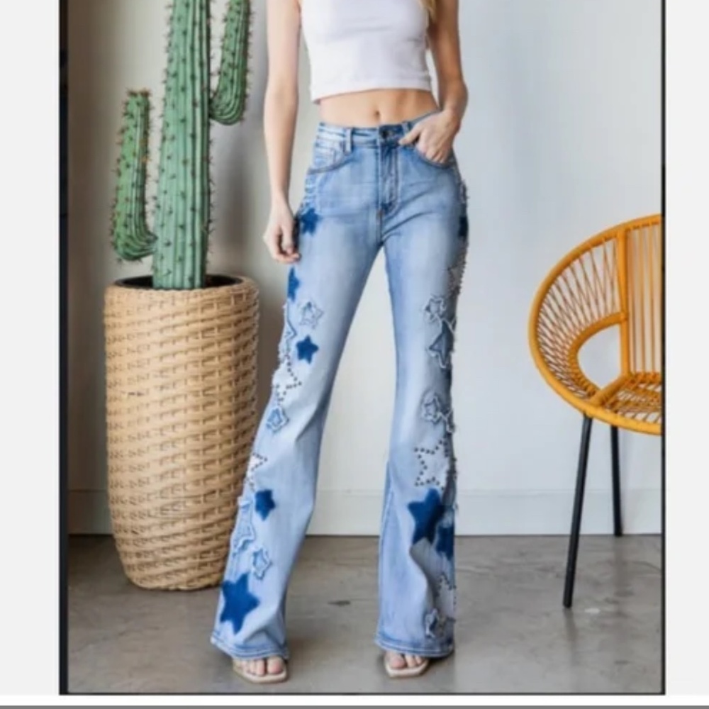 OLi and Hali 4th of July Be Your Own Star Wide Leg Flare Jeans Flare Pants SR16 - Picture 6 of 8